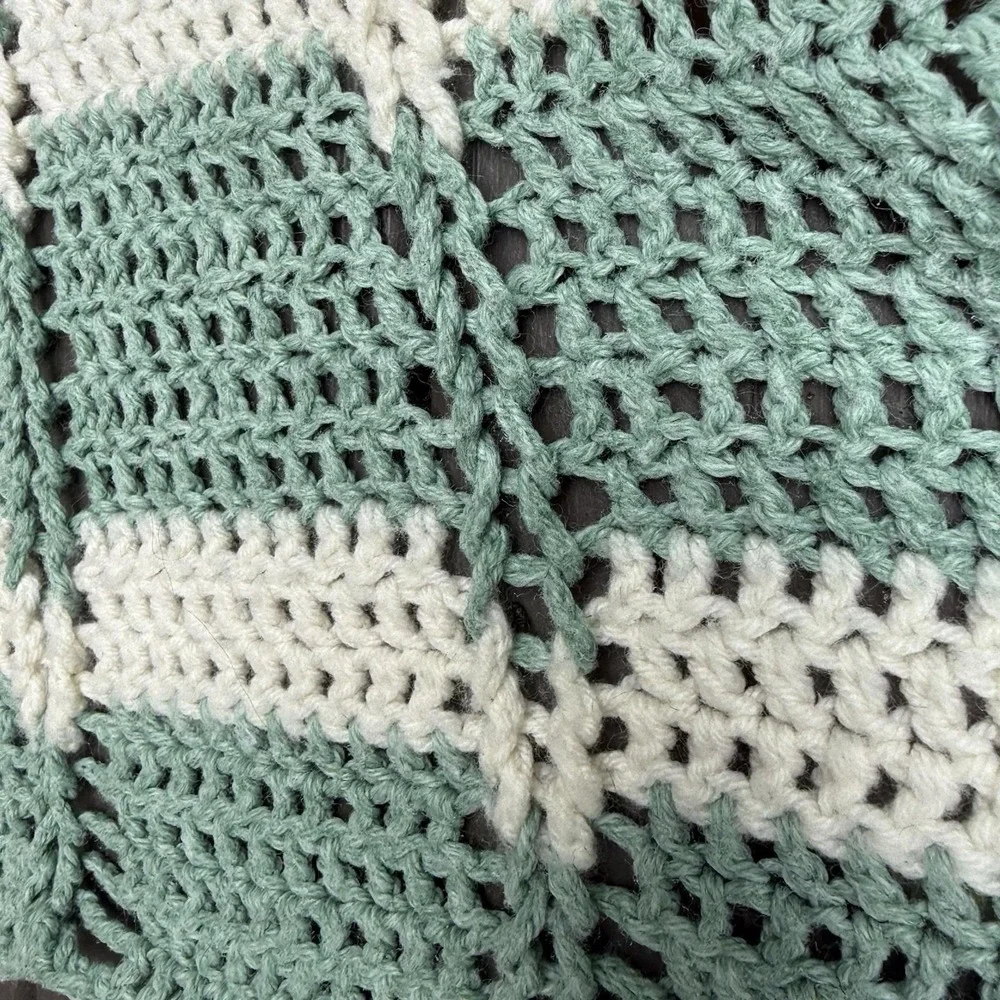 Handmade Crochet Afghan Throw Blanket 53x70 Sage Green Cream Openwork
